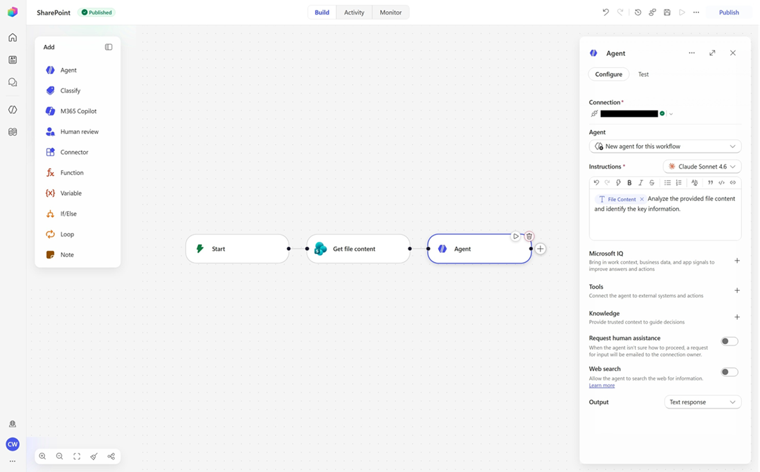 Workflow met de SharePoint Get file content-node en een Agent-node om data uit een SharePoint-bestand te halen.