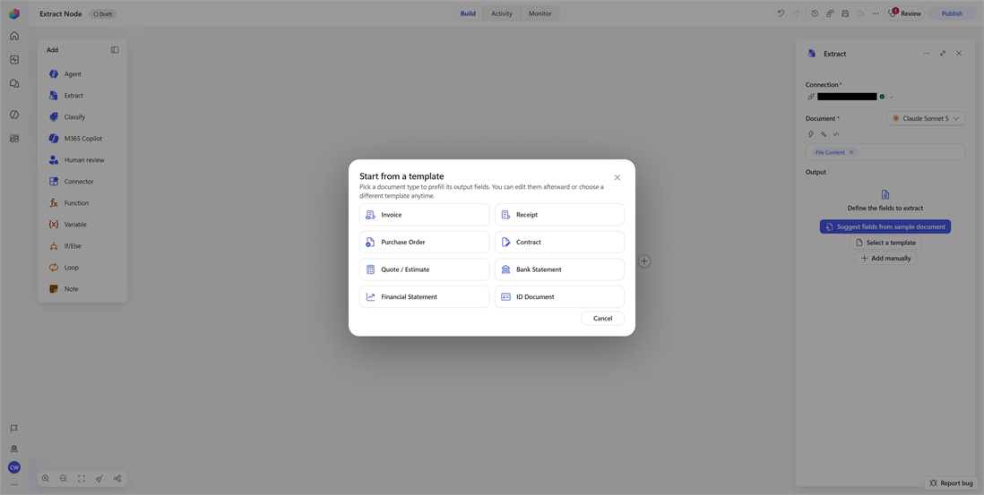Schermafbeelding van het dialoogvenster voor sjabloonselectie van de Extract-node met de ondersteunde documentsjablonen.