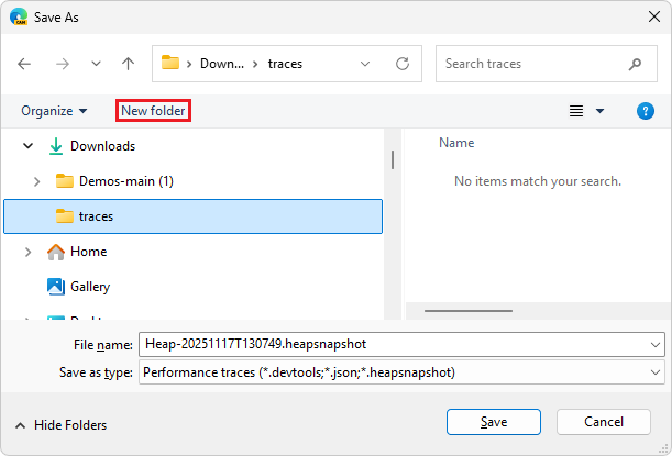 The Save As dialog in Windows, showing the memory trace file being saved in a traces folder