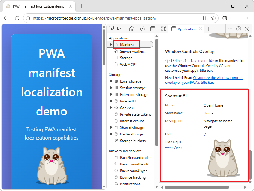 Shortcut section in the Manifest tab