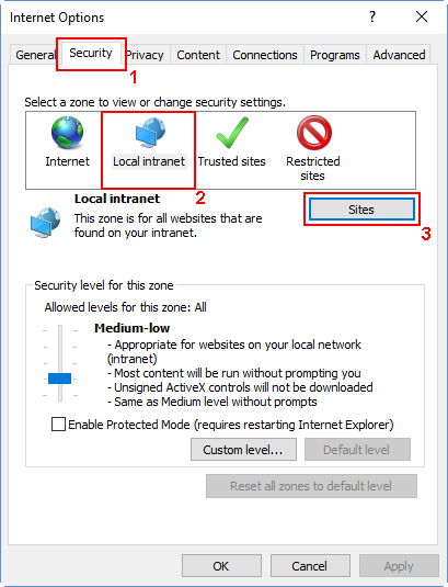 Schermopname van het dialoogvenster Internet Explorer Internetopties met het tabblad Beveiliging, lokaal intranet en de knop Sites gemarkeerd.