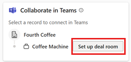 Schermopname van de kaart Samenwerken in Teams in Copilot for Sales voor Outlook, met de knop Dealroom instellen gemarkeerd.