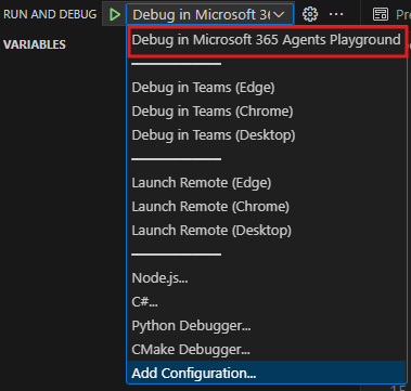 Screenshot shows the option to select debug in Agents Playground.