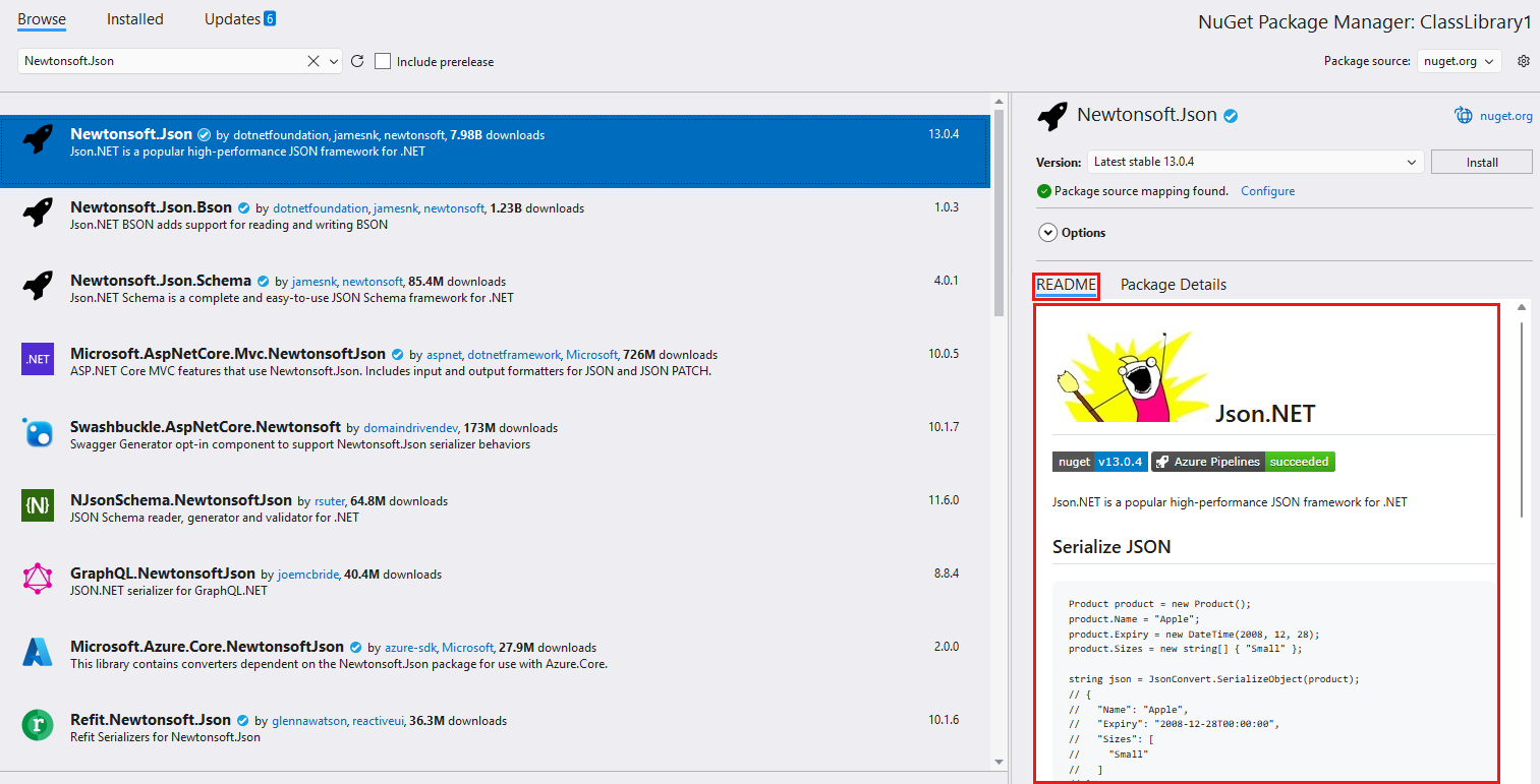 Schermopname van het venster NuGet Package Manager met het tabblad README geselecteerd.