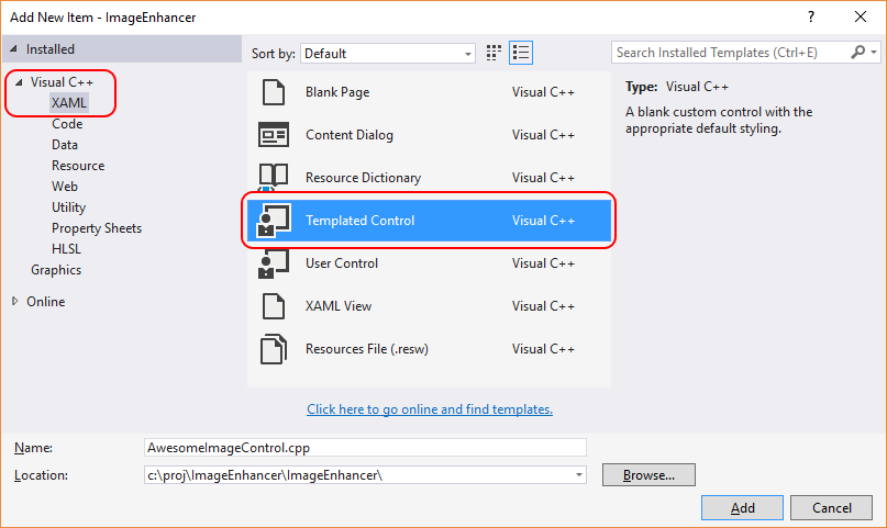 Een nieuw XAML-besturingselementitem met sjabloon toevoegen aan het project