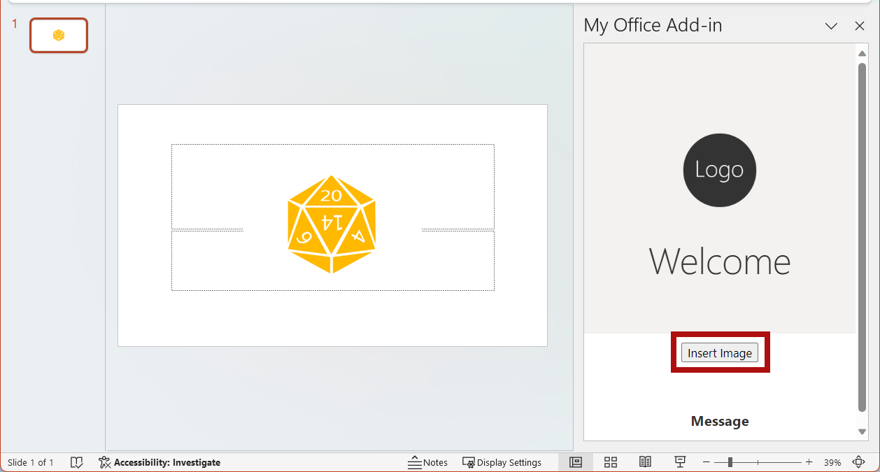 The PowerPoint add-in with the Insert Image button highlighted.