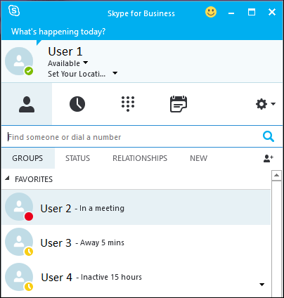 Schermopname van Skype voor Bedrijven waarop geen contactfoto's worden weergegeven.