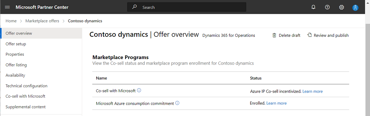 Screenshot of the Offer overview page in Partner Center that shows the Microsoft Azure consumption commitment status.