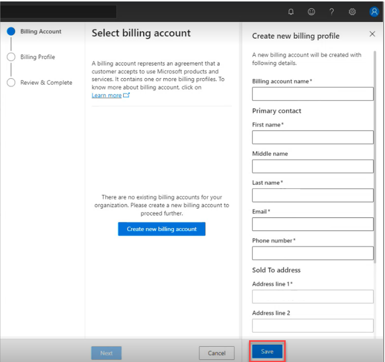 Screenshot of the Create new billing profile flyout, under Select billing account, under the Billing profile page.