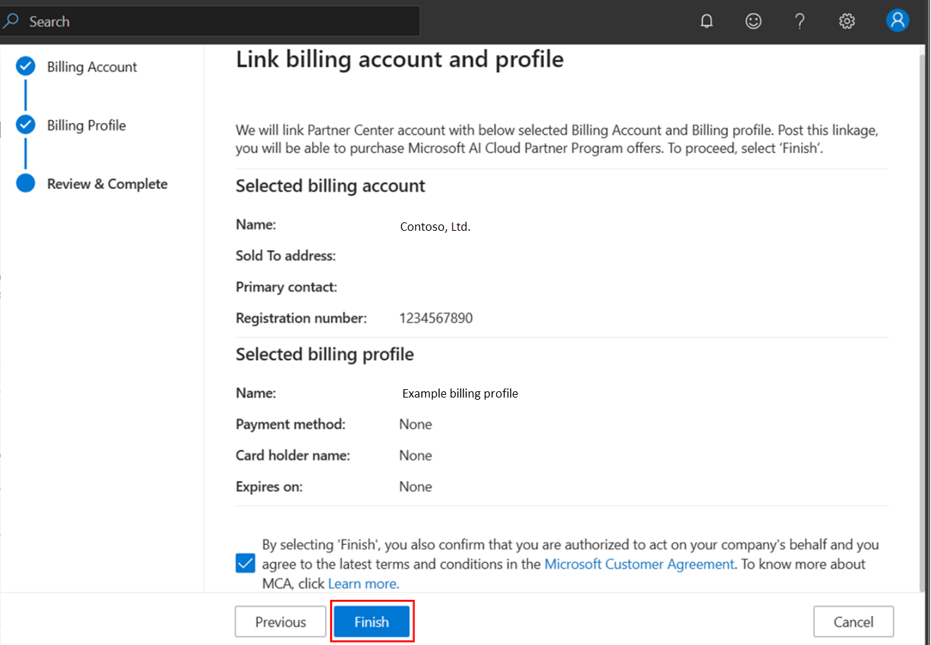 Screenshot of the Link billing account and profile flyout, with a billing account selected, and with Finish highlighted.