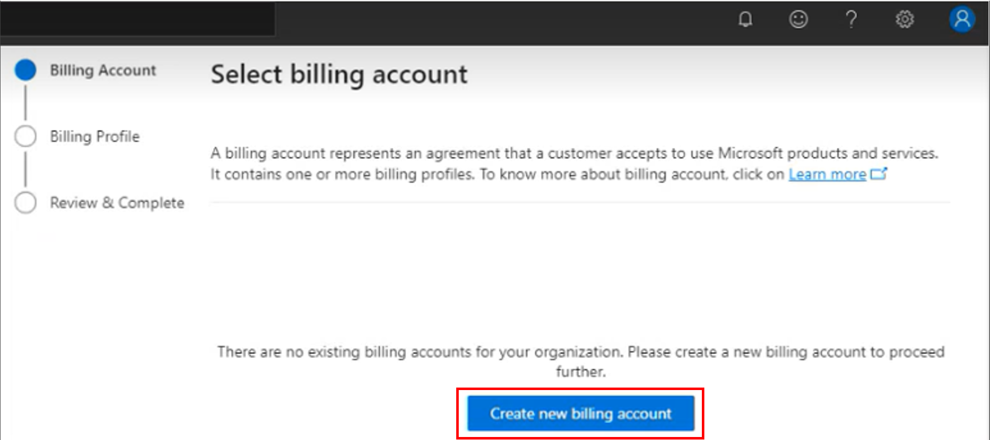 Screenshot of the Select billing account flyout from the Billing profile page.