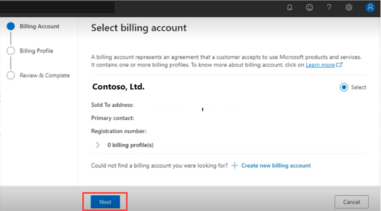 Screenshot of the Select billing account flyout, under the Billing profile page.