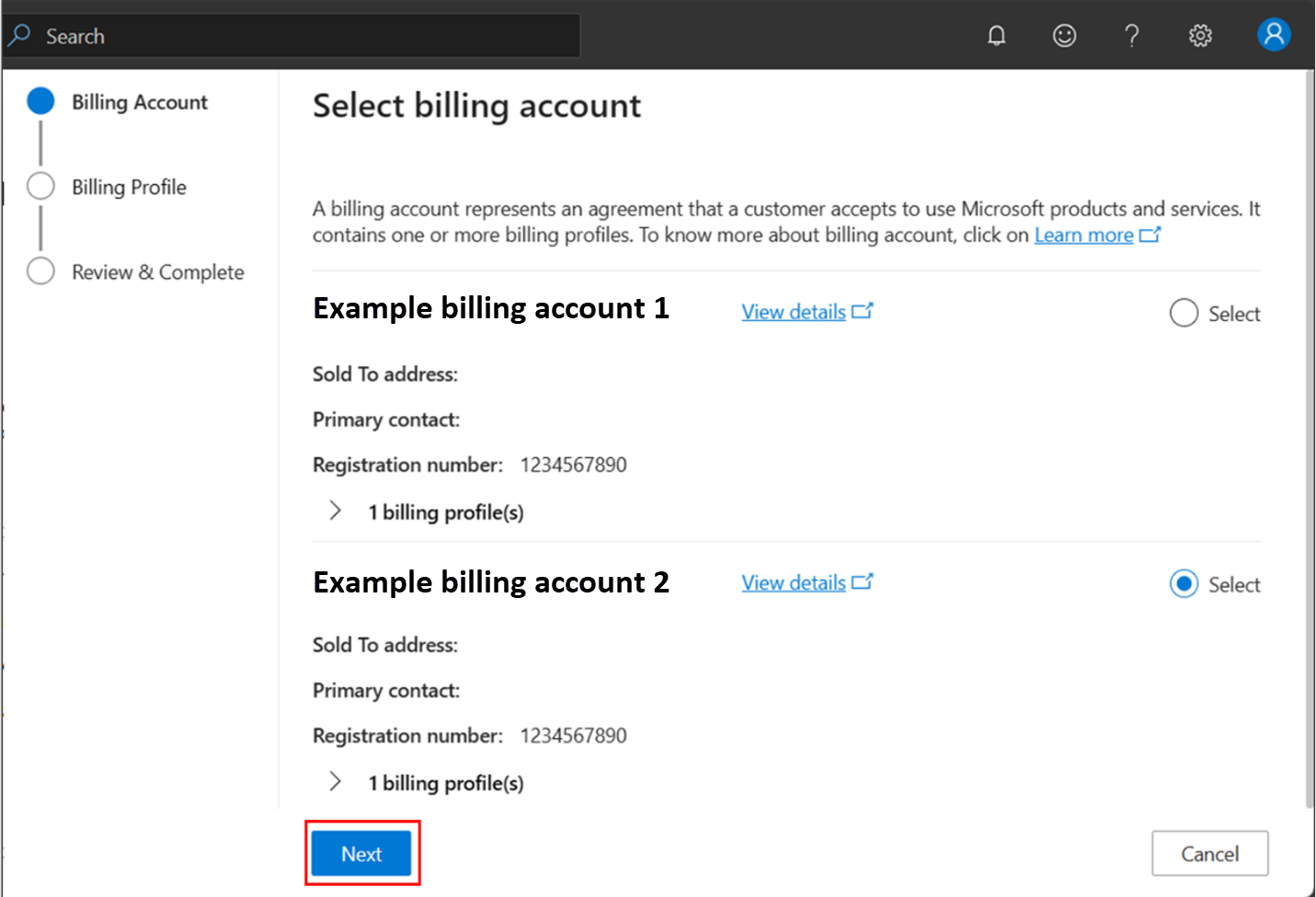 Screenshot of the select billing account screen.