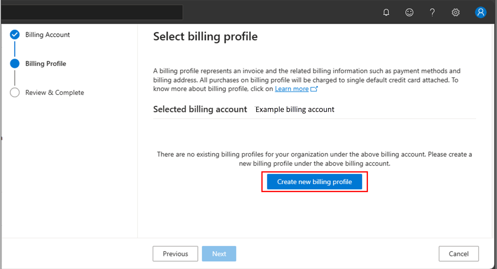 Screenshot of the Create billing profile flyout, with no billing account selected.