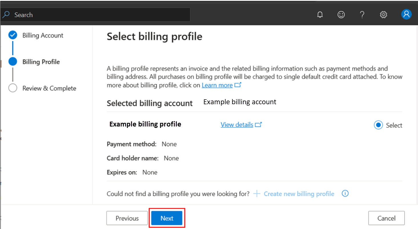 Screenshot of the select billing profile screen.