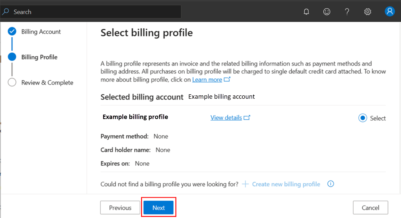 Screenshot of the account settings billing profile screen with the select billing profile panel open.