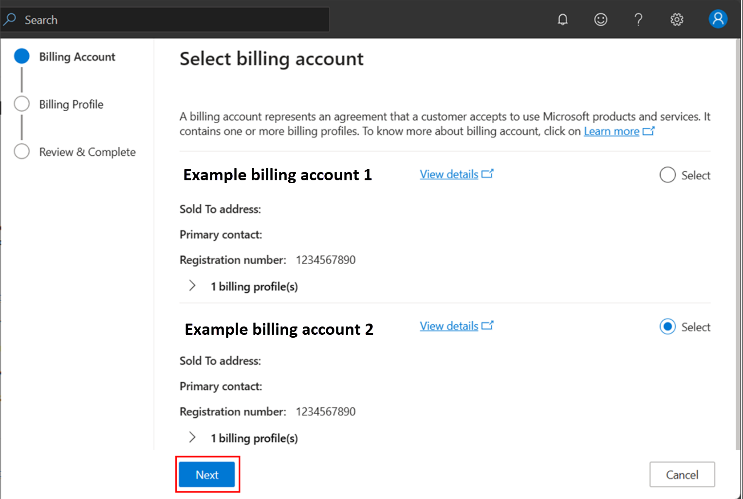 Screenshot of the account settings billing profile screen with select billing account panel open.