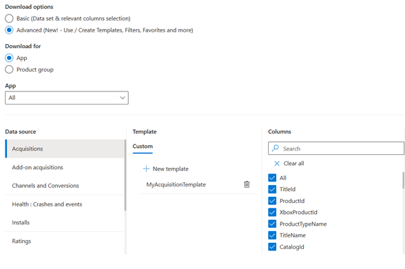 Schermopname van aangepaste kolomopties voor een geavanceerd pad.
