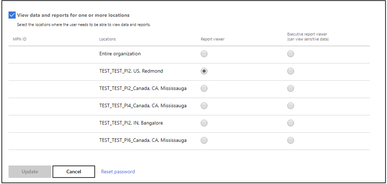 Toont locatiespecifieke instellingen voor Partner Center Insights-rollen voor Rapportviewer en Executive-rapportviewer.