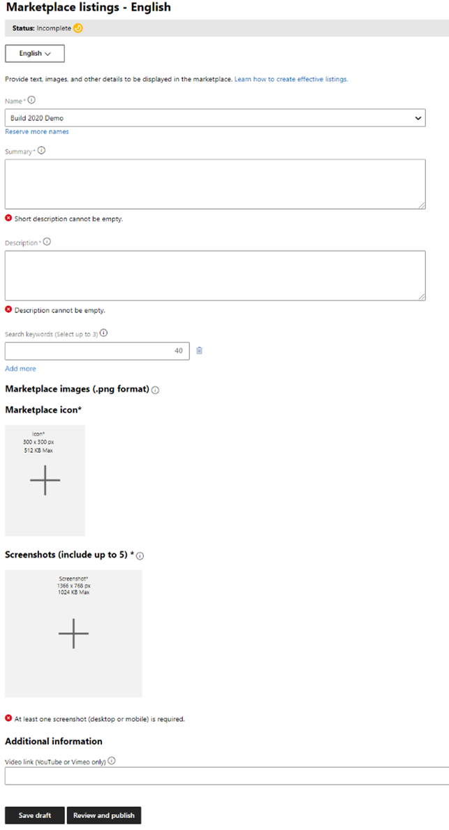 Marketplace-vermeldingsformulier.