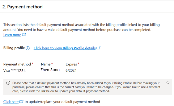 Screenshot of the Payment method screen, with a credit card shown as a valid payment method.