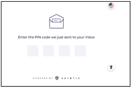 Schermopname van de pagina AU10TIX: voer de pincode in die we zojuist naar uw Postvak IN hebben verzonden.