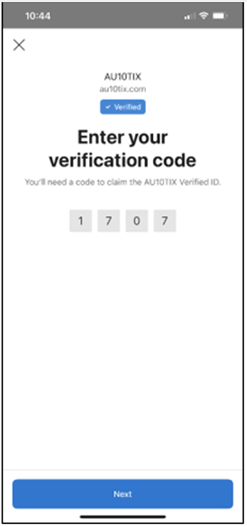 Schermopname van Microsoft Authenticator op een mobiel apparaat, met de tekst: Voer uw verificatiecode in, met een plaats om een code in te voeren en een knop Volgende.