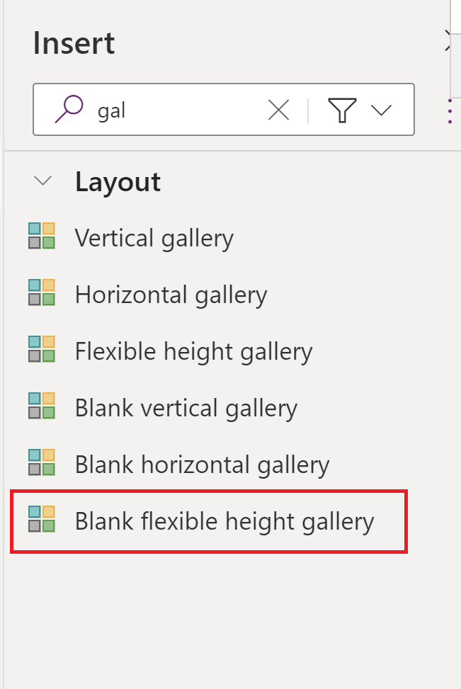 Schermopname van Power Apps Studio met een lege galerie met flexibele hoogte gemarkeerd.
