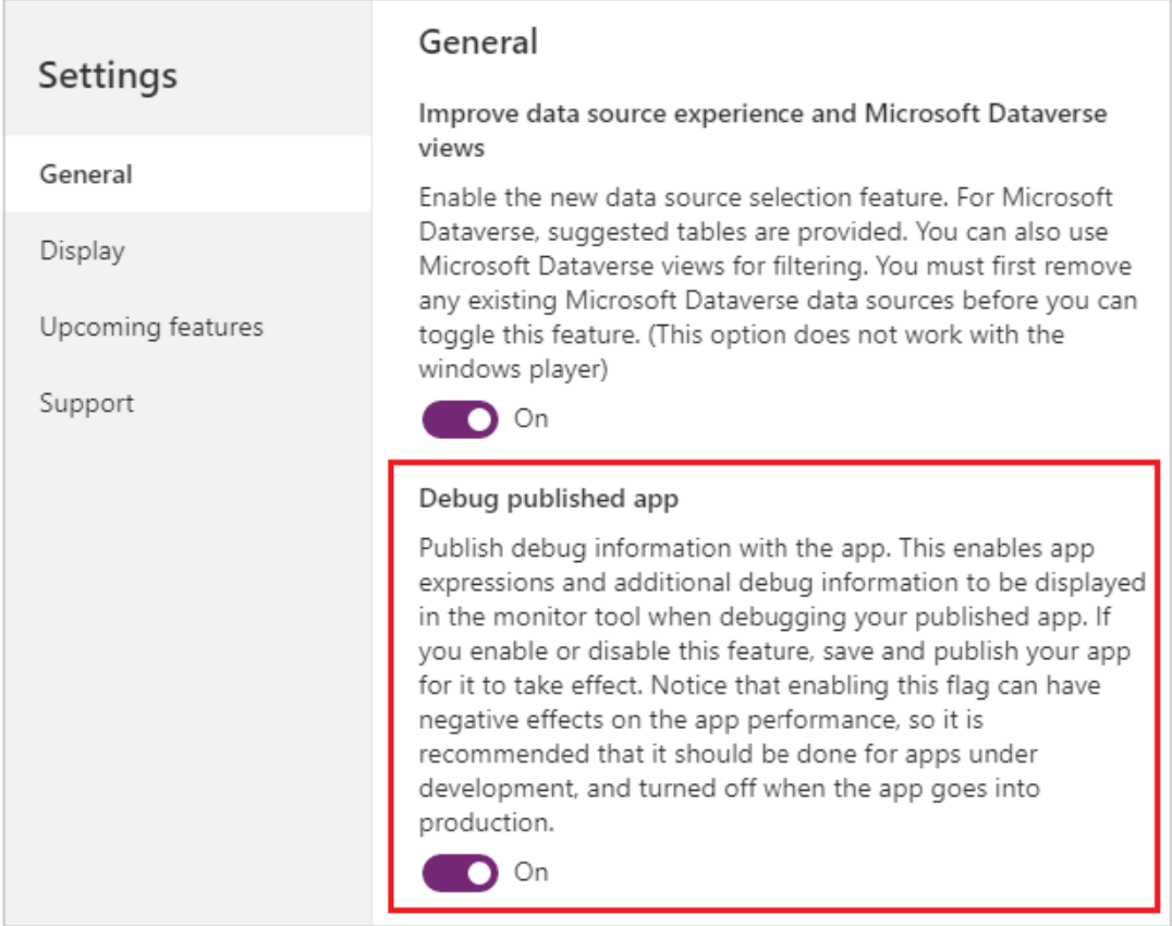 Een schermopname van Power Apps waar te zien is dat de optie Fouten in gepubliceerde app opsporen is ingeschakeld