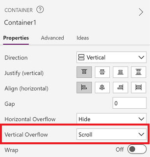 De eigenschap Vertical Overflow van de container is ingesteld op Schuiven.