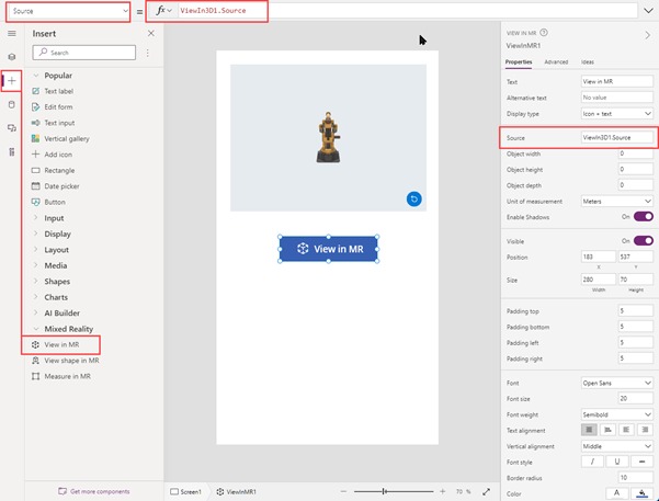 Een schermopname van het besturingselement Weergeven in MR in aanbouw in Microsoft Power Apps Studio, dat samen met de bijbehorende eigenschappen wordt weergegeven.