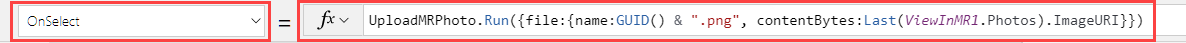Een schermopname van de eigenschap OnSelect van een knopbesturingselement in de Power Apps Studio-formulebalk waarmee de laatst gemaakte foto wordt geüpload.