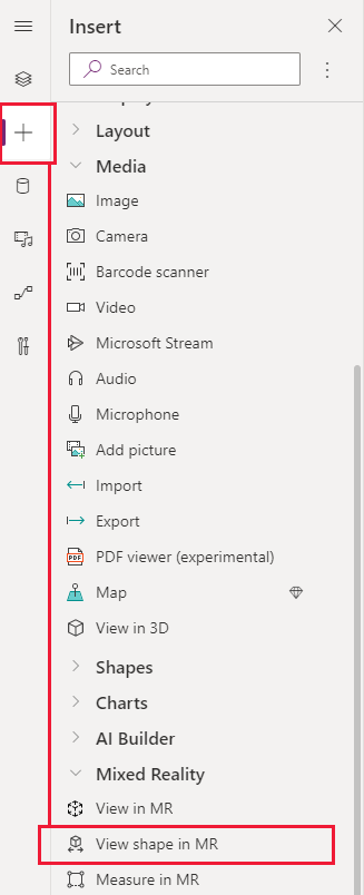 Een schermopname van het tabblad Invoegen in Power Apps Studio, die laat zien waar het besturingselement Vorm weergeven in MR te vinden is.