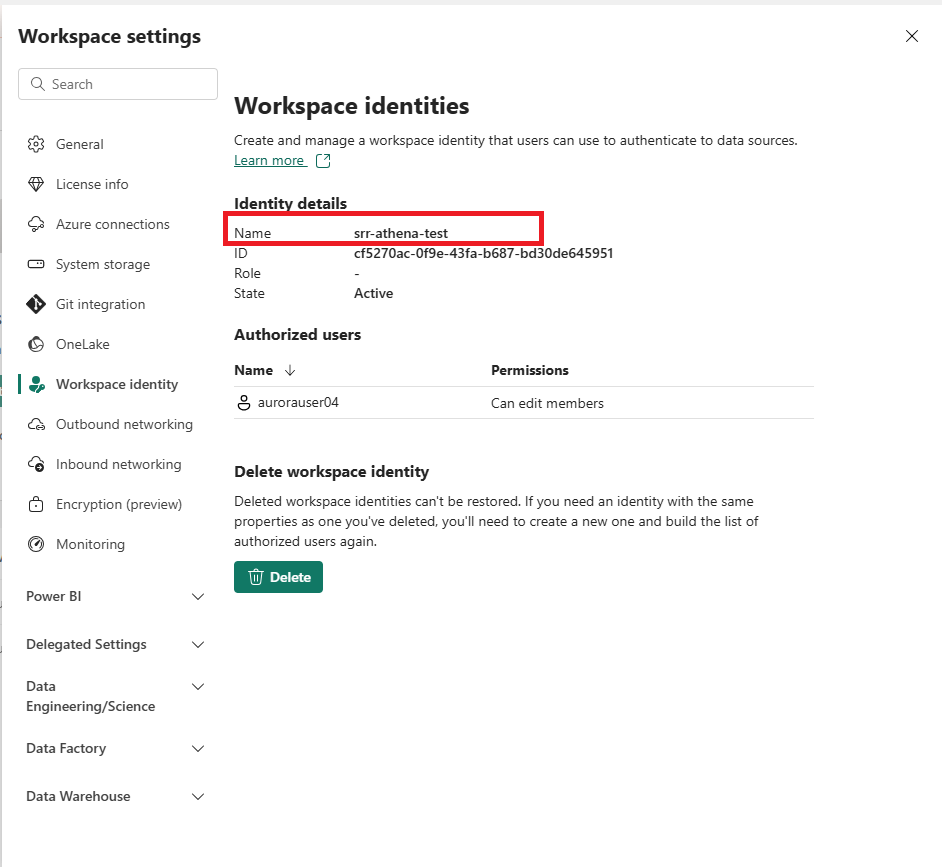Werkruimte-id-pagina in Fabric. De naam, zoals 'srr-athene-test' in dit voorbeeld, wordt later gebruikt bij het toevoegen van de toepassingsgebruiker in Dataverse.