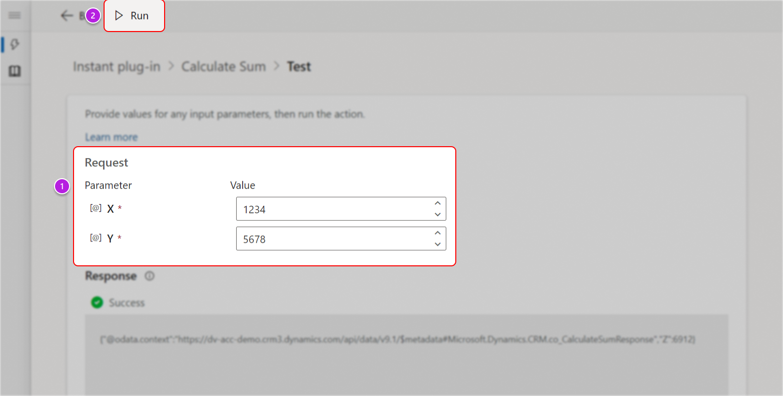 Selecteer Uitvoeren om de invoegtoepassing met weinig code te testen