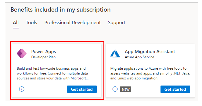 Power Apps Developer-abonnement in Visual Studio.