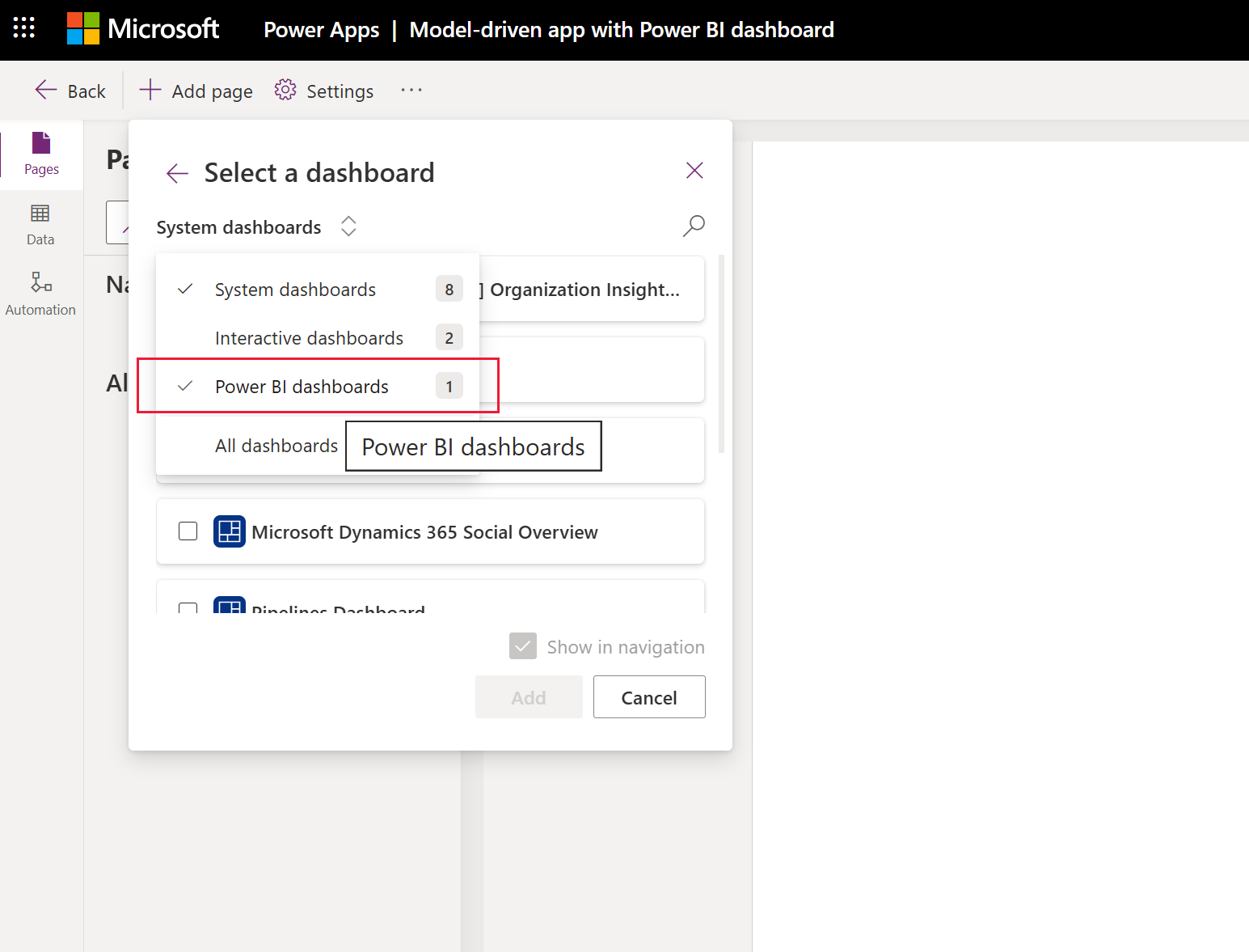 Power BI-dashboards selecteren in de dashboardkiezer