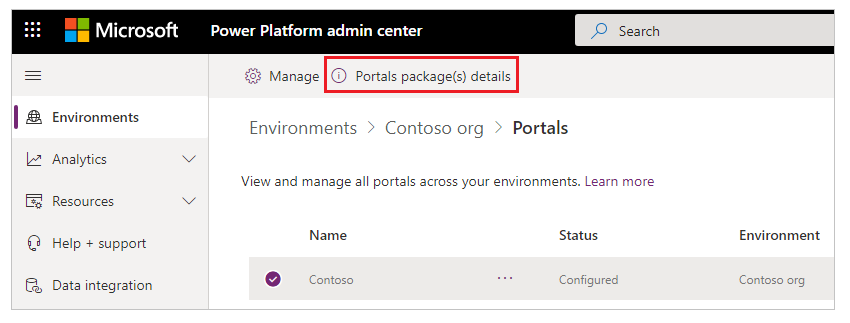 Details van de pakketten voor een portal.