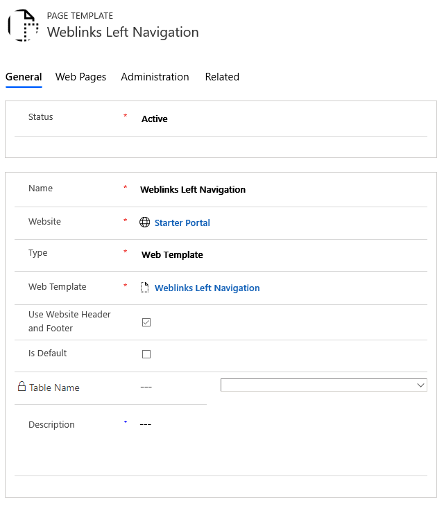 Indeling voor linkernavigatie met webkoppelingen in paginasjabloon.