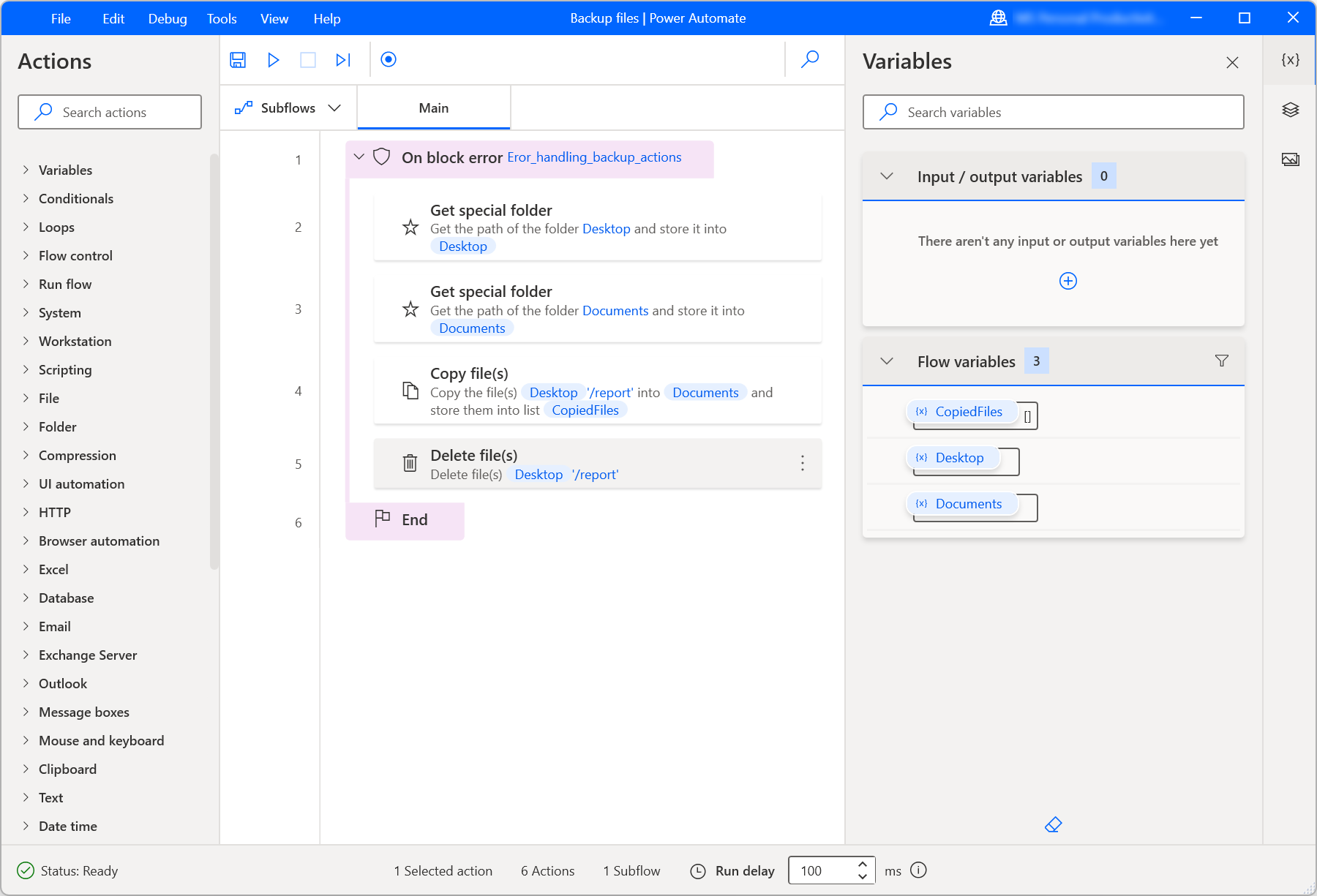 Schermopname van de Onfout blok actie
