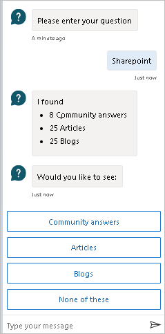 Schermopname van de botchat met het aantal gevonden items, gegroepeerd op categorie, zoals community-antwoorden, artikelen en blogs.