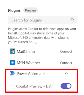 Schermafbeelding van de  Power Automate plug-in.