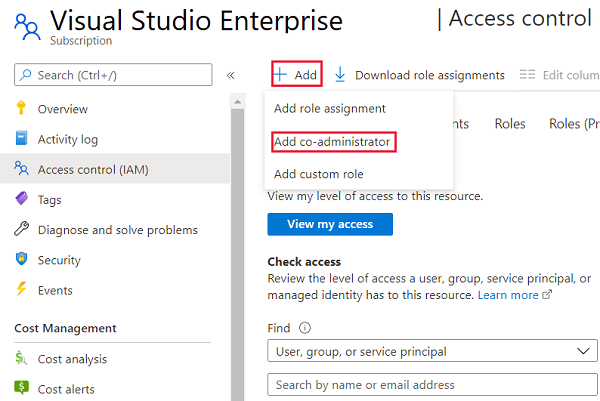 Screenshot of the Access control with the Add a co-administrator called out.