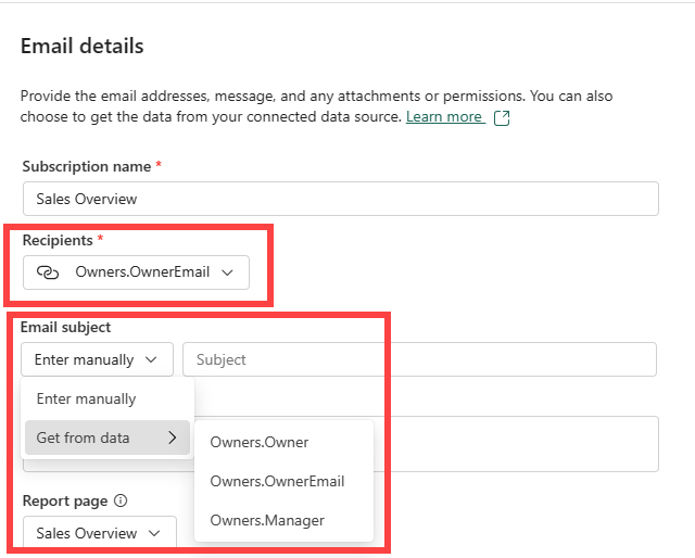 Schermopname van de Power BI-service met dynamische parameteropties in het venster E-maildetails.