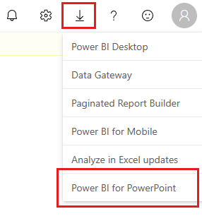 Schermopname van de downloadoptie power BI voor PowerPoint-invoegtoepassingen.