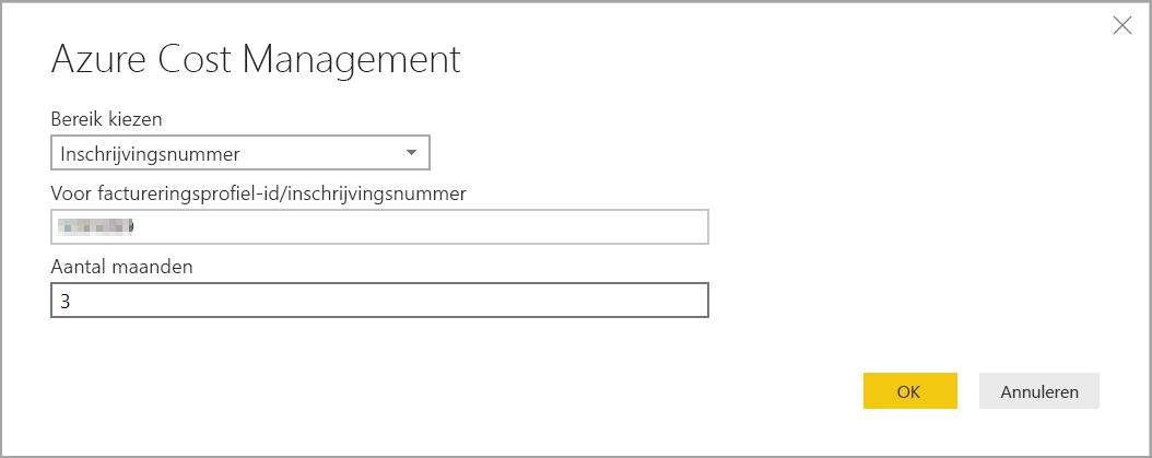 Schermopname van de eigenschappen van Microsoft Cost Management met een bereik van inschrijvingsnummer.