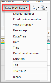 Screenshot of the Power Query Editor, showing the Data type dropdown selection.