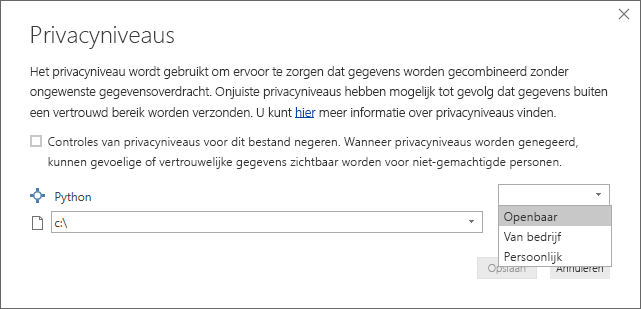 Screenshot of the Privacy levels dialog, showing that Public is set.