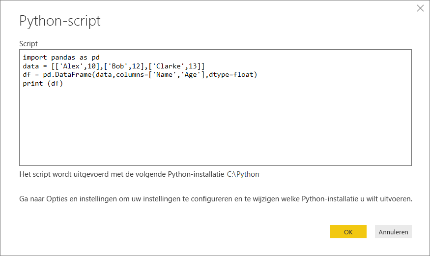 Screenshot that shows pasting the sample Python script into the Python script dialog box.