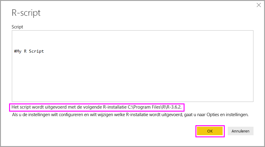 Screenshot shows the R script dialog in Power BI Desktop with R installation information highlighted.